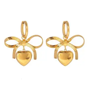 Ladies Trendy Fashion Gold Plated Butterfly Earrings Non-Tarnish Stainless Steel Blade Chain Twisted 3D Heart Design