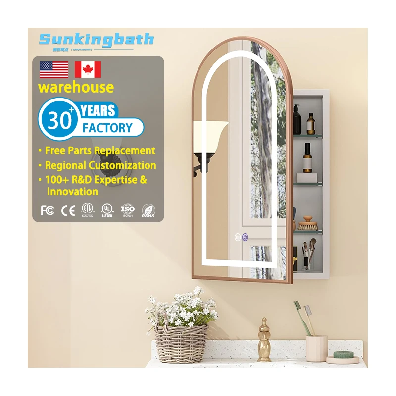 Best Sell Aluminum Anti-Fog Arched Mirror Cabinet Recessed & Surface Mount LED Medicine Cabinets for Apartment Bath