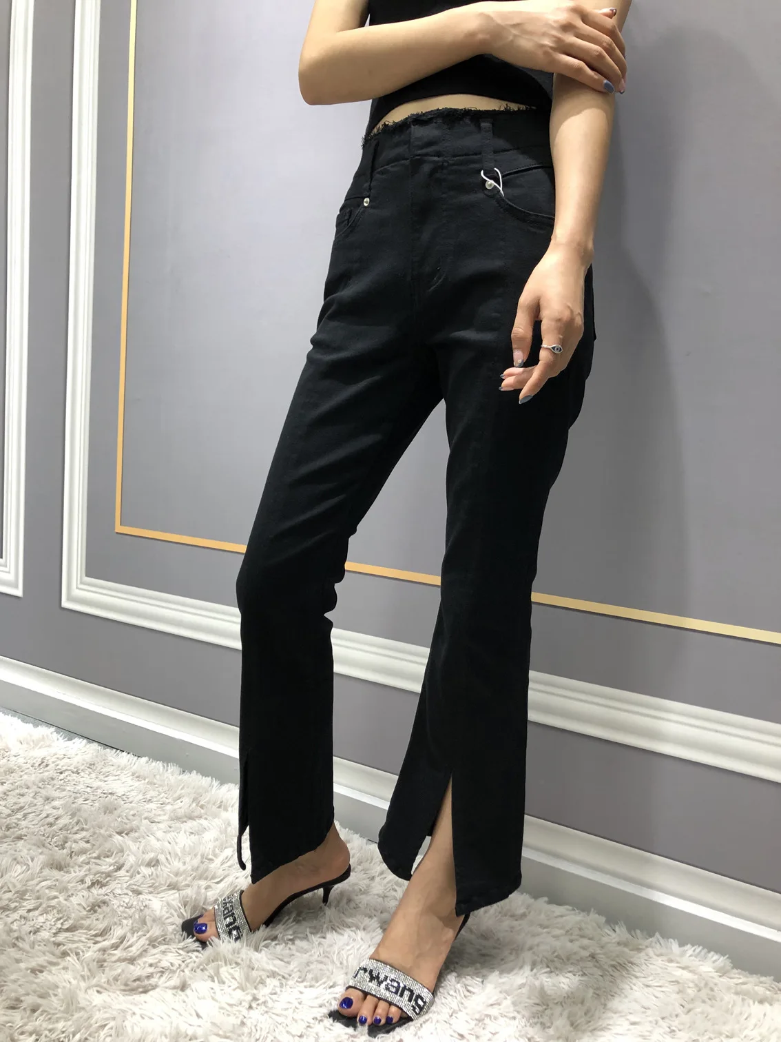 FD002 Autumn Winter Europe and American Burr Edge High Waist Pure Black Front Slit Design  Nine-minute Flare Pants Women
