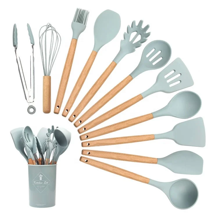 Silicone Cooking Kitchen Utensil Set 12 Pcs Cooking Utensils Set Wooden Handle BPA Free Non Toxic Silicone Turner Tongs