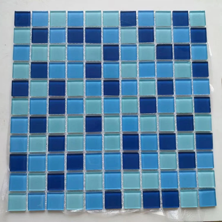 Three colors sky blue mixed glass mosaic tiles for bathroom wall and swimming pool factory