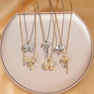 MW Wholesale Hot Shiny Gold Stainless Steel Necklace Bow & Fine Butterfly Pendant, Women's Fashion Jewelry Manufacturer Direct