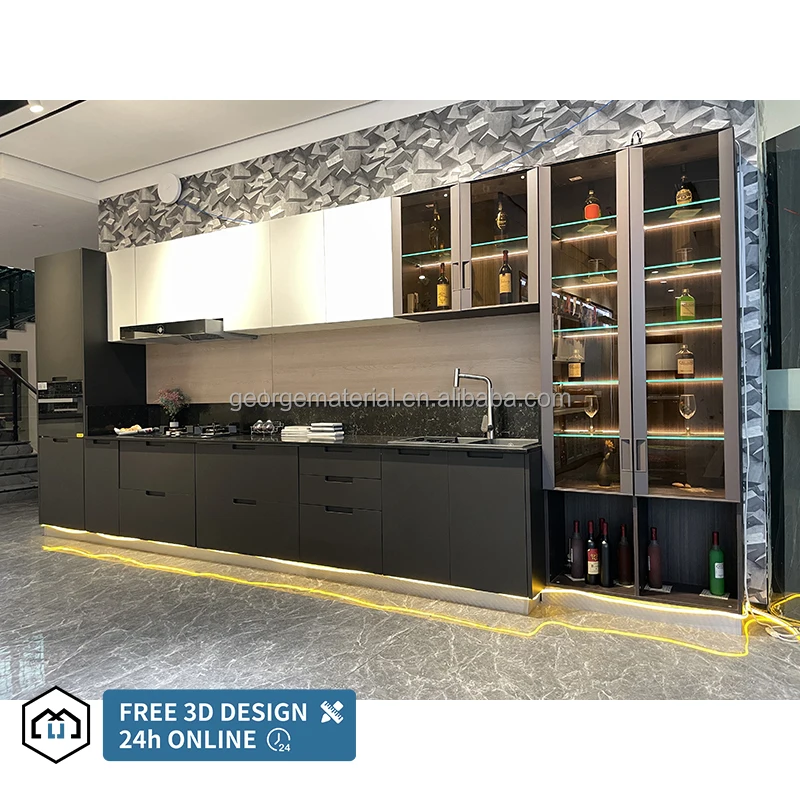 Automatic Complete Kitchen Island Furniture Wall Hanging Matt Gray Lacquer Pantry Kitchen ...