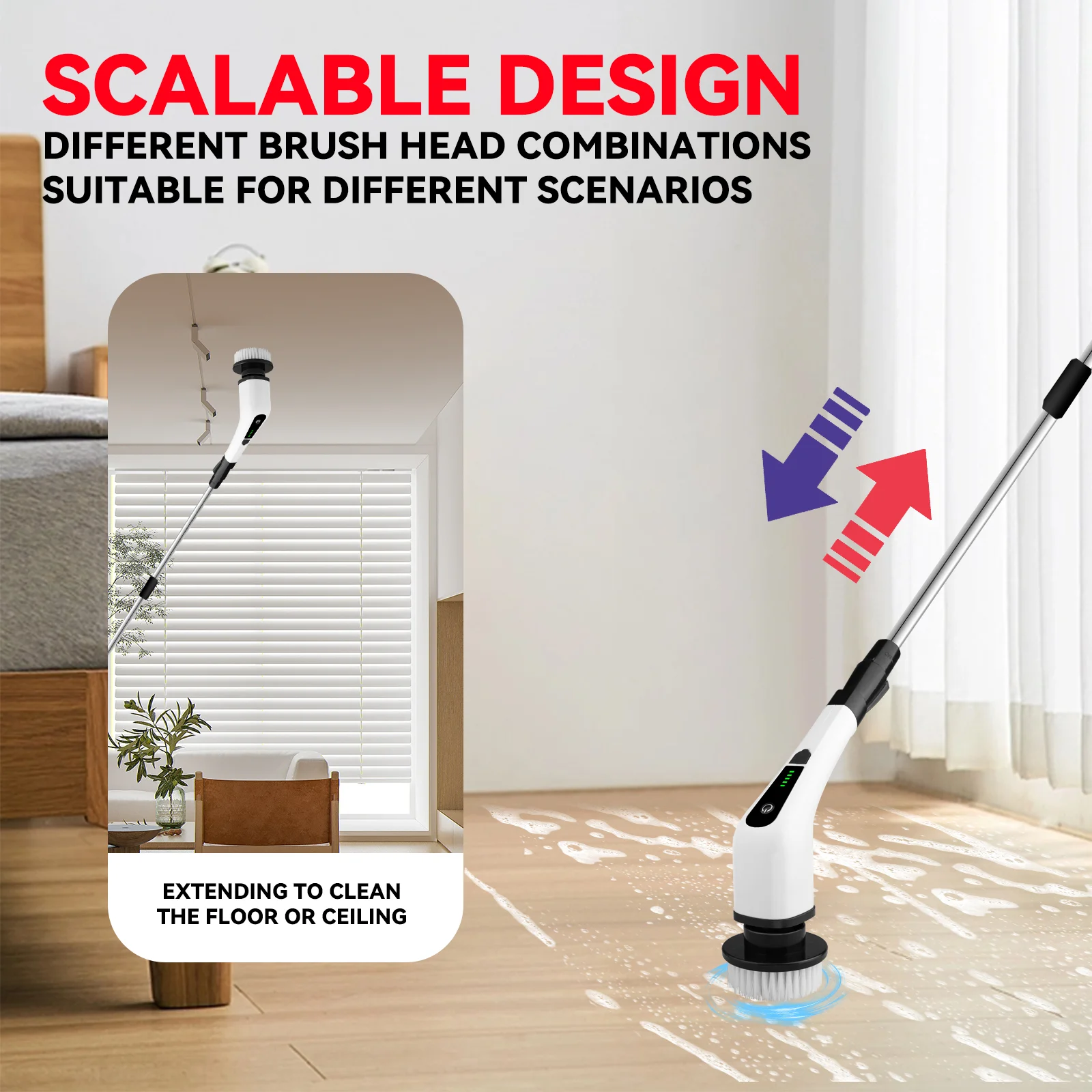 Adjustable Handle Extension 7 Heads Electric Spin Scrubber Cordless ...