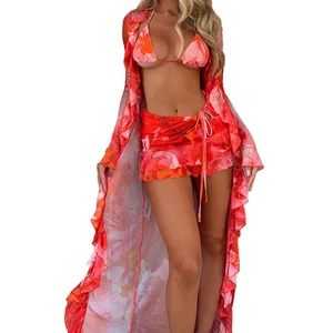 Brazilian Women's Sexy 3 Piece Cover up Beachwear Swimming Costume Bathing Suit Triangle Bikini Set