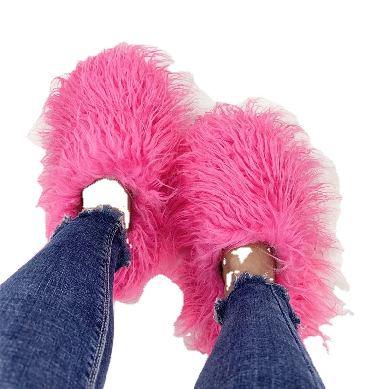 New Flat Plush Mongolia Fur Slides Indoor Bedroom House Women Plush Fluffy Shoes Luxury and comfort Fluffy slippers