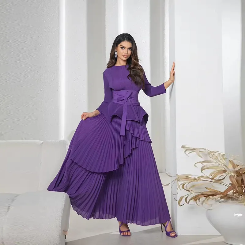 evening dress big pleated Stunning Pleated Evening Dress with High Slit and Sequin Sleeves