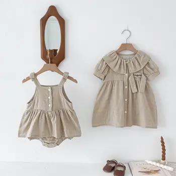 Clothes for babies summer baby girl cotton and linen short sleeve doll collar dress girl rompers jumpsuit sisters outfit