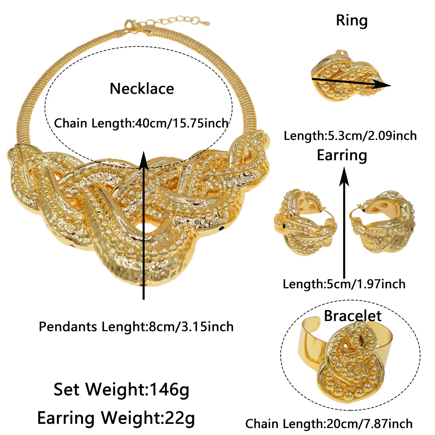 Parure De Bijoux Africains Plaqués Or - Collier, Bracelet, Boucles D'oreilles - Style Ethnique, Taille Unique