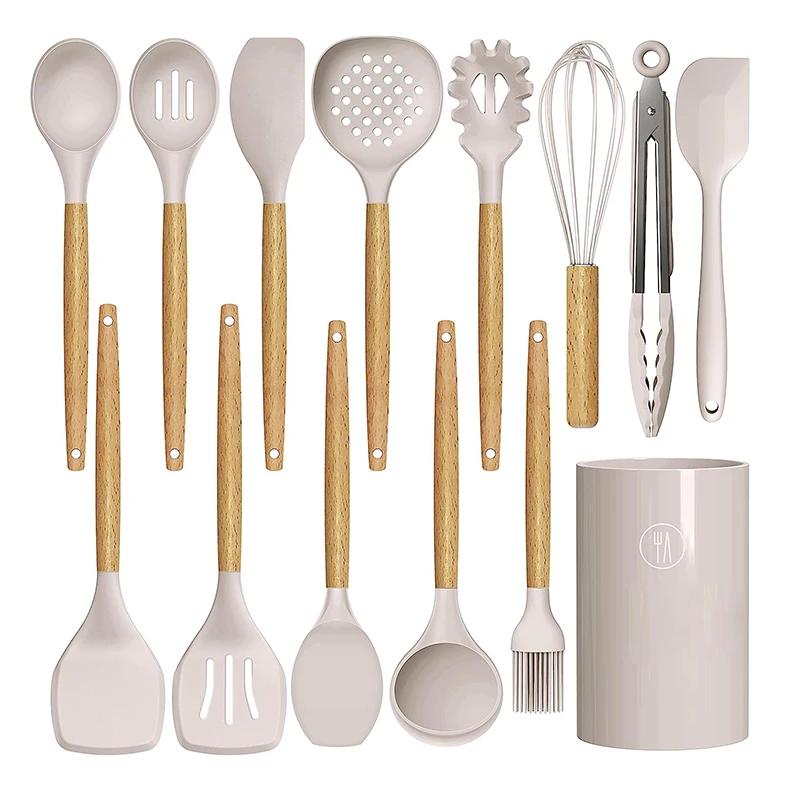 14 Pcs Silicone Cooking Kitchen Utensils Set with Holder, Wooden Handles  BPA Free Silicone Turner Tongs Spatula Spoon Kitchen Gadgets Utensil Set  for