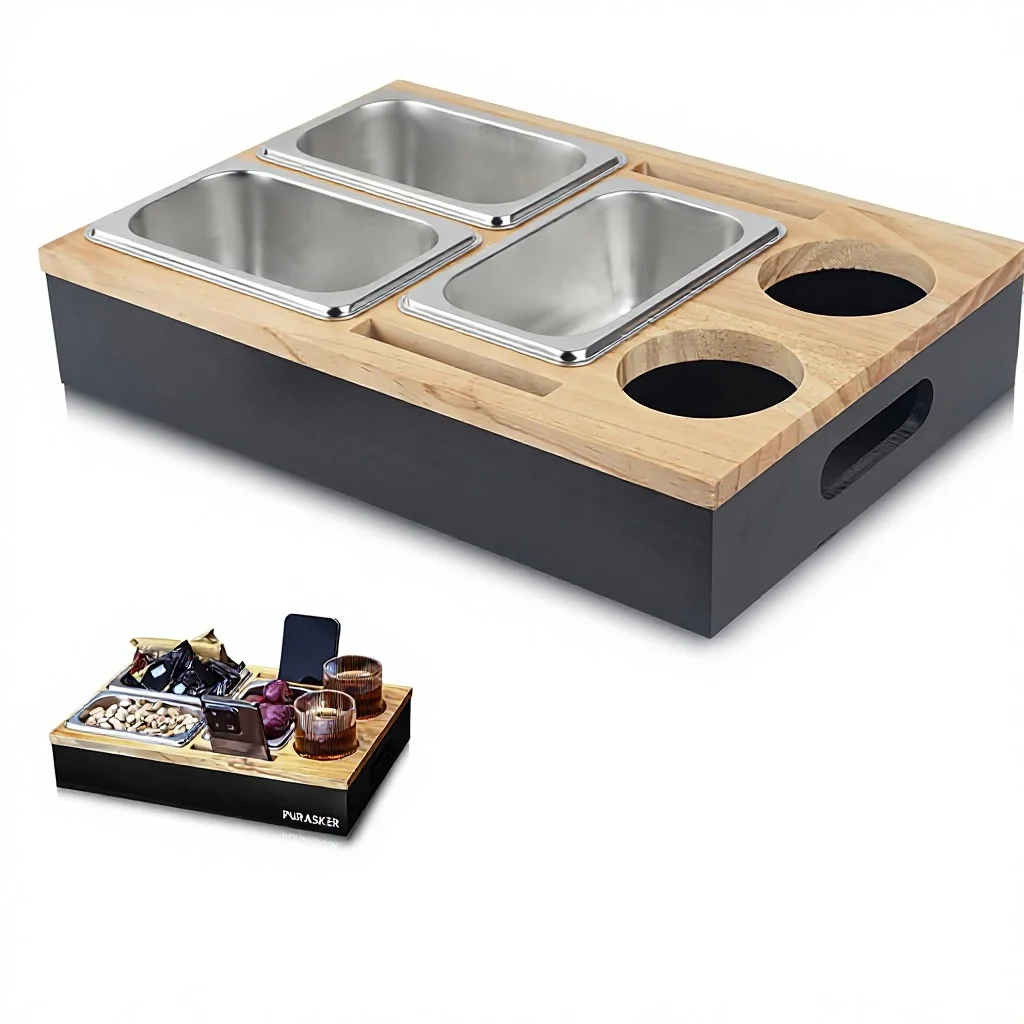 Contemporary Bamboo Wood Couch Bar Snack Box Drink Holder Sofa Tray Snack Bowl 3 Compartments Robust