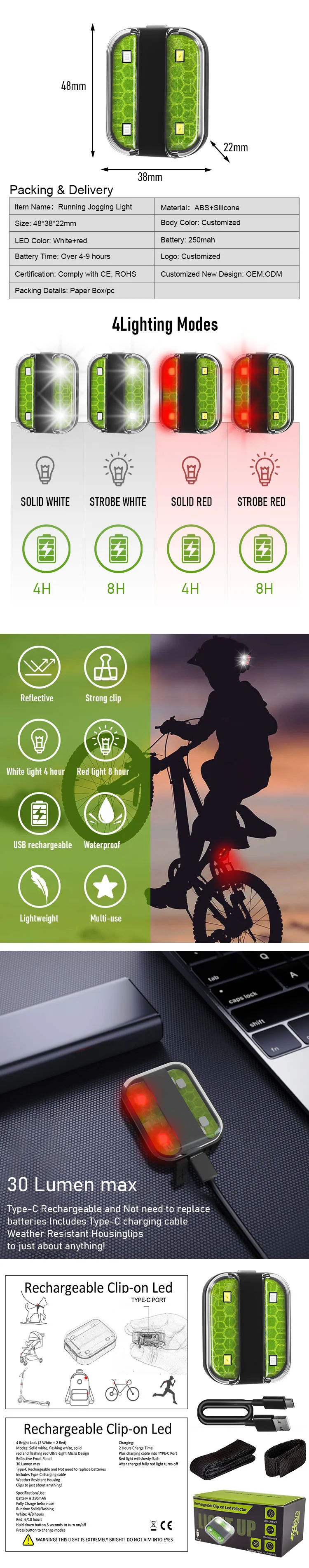 Lampe de sécurité LED Linli USB rechargeable Flash Avertissement clip sur  lumière réflective 4 mode d'éclairage stroboscope pour la marche de nuit,  le cyclisme, le jogging - Chine Lampe DE sécurité À