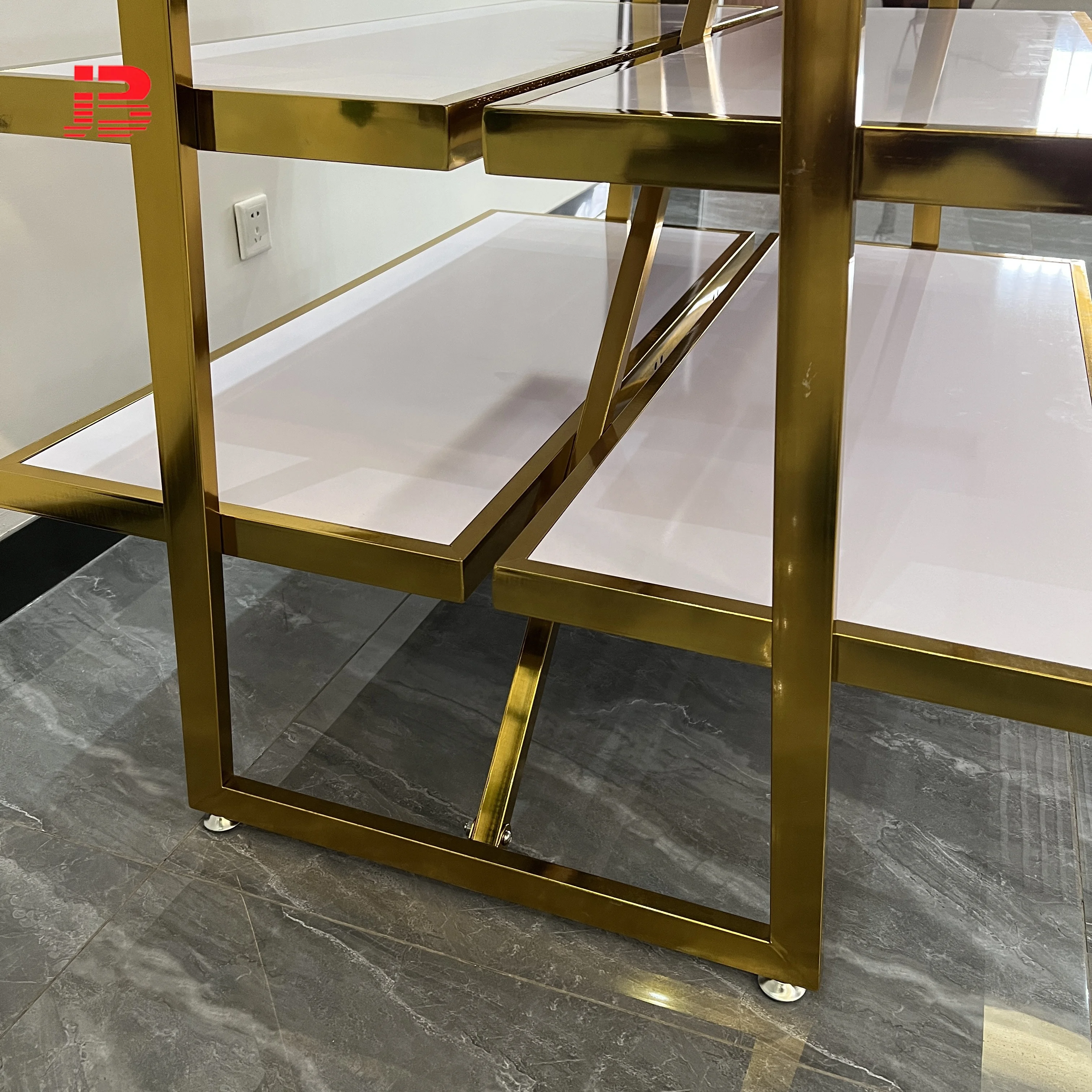 Gold metal multi-layer wooden center island display stand details