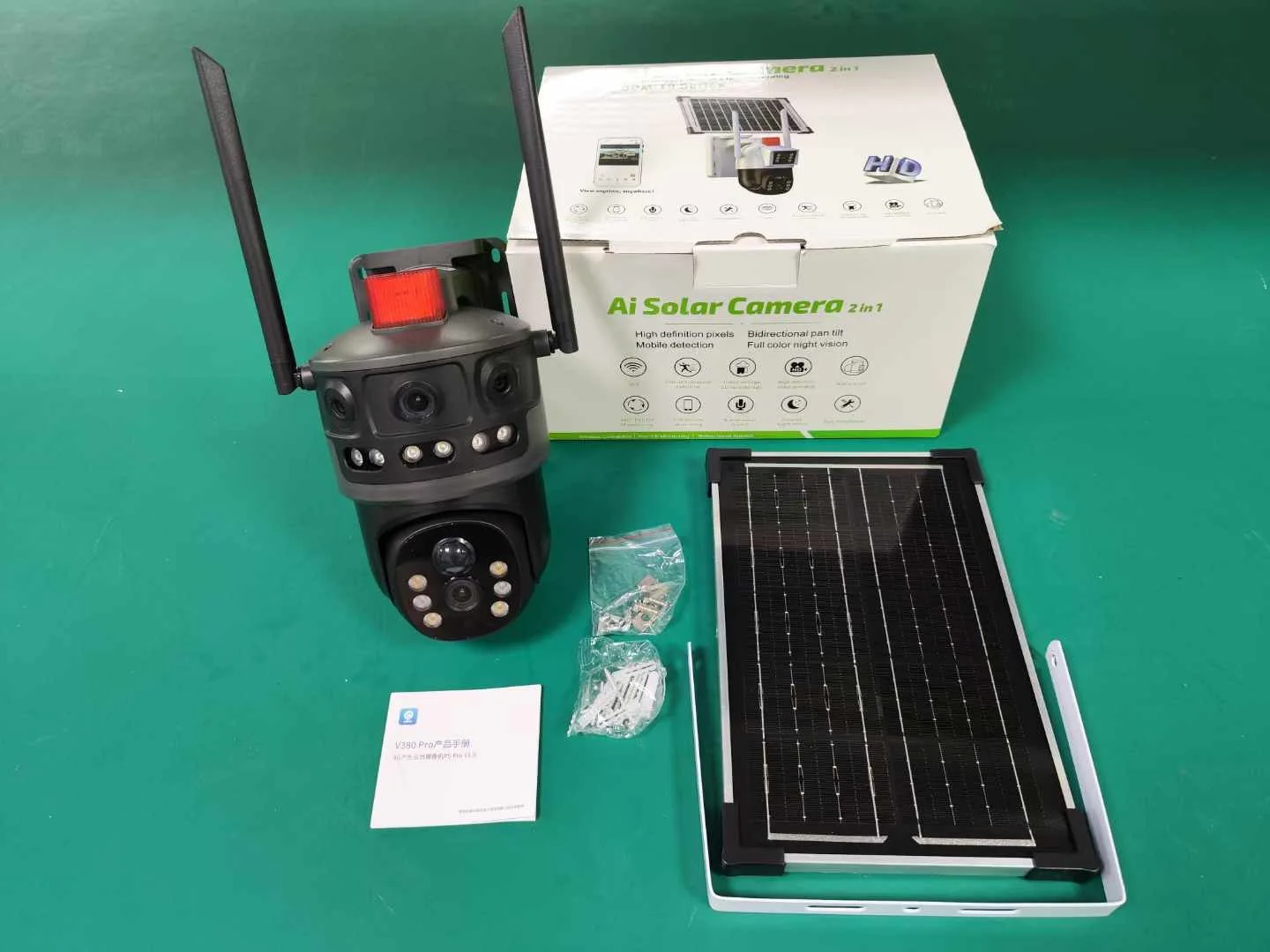 V380pro AI Auto Detection Smart Camera HD Solar Waterproof IP66 Panoramic Wireless Wifi Remote 4G Triple CMOS Network PTZ Camera