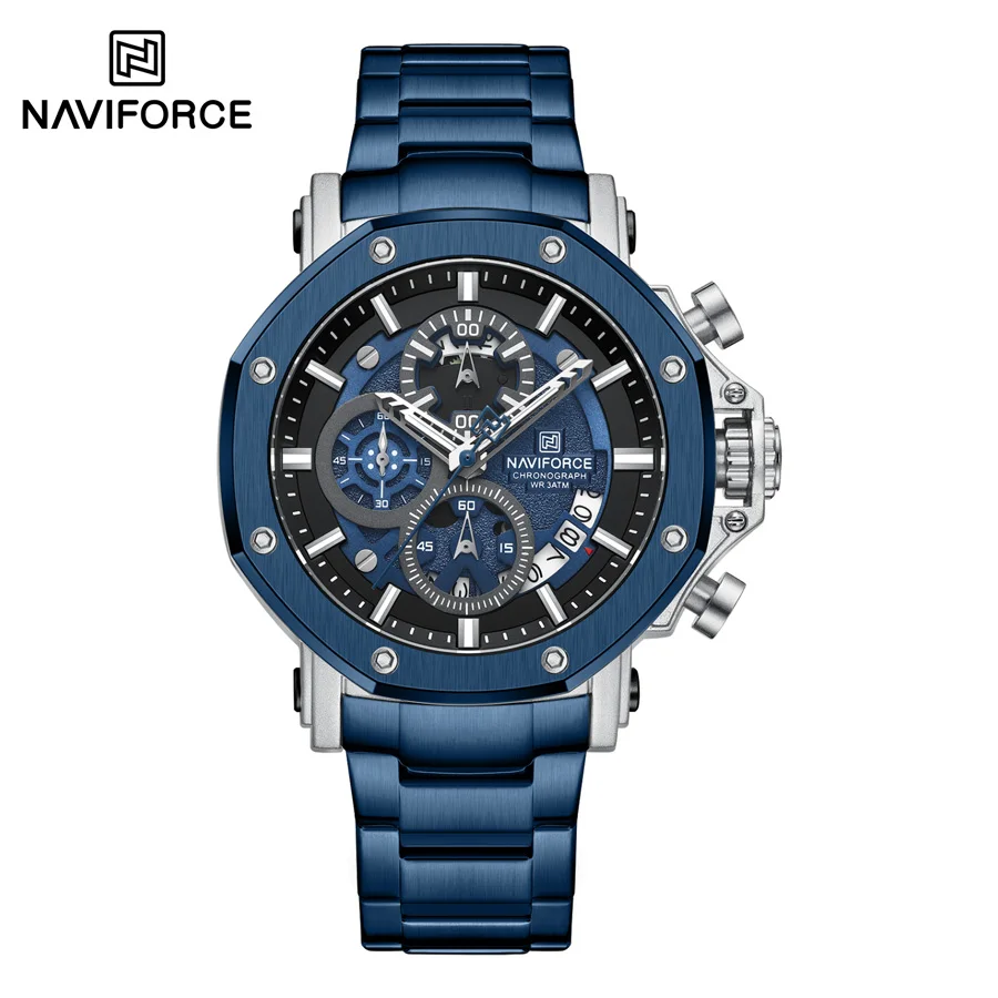 Reloj NAVIFORCE 8065 para hombre, reloj de pulsera informal a la moda,  cronógrafo, corona antideslizante, correa de acero inoxidable azul, relojes 