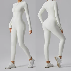 Half Zip Workout Sports Bodysuit Thin Fleece Long Sleeve Gym Fitness Jumpsuits One Piece Yoga Jumpsuit for Women Without Padding