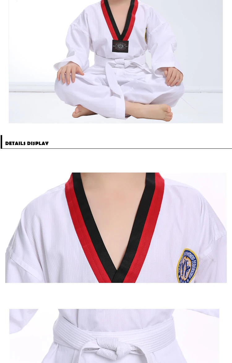 Details about   White Taekwondo Uniforms WTF Karate Judo Taekwondo Dobok Clothes Children Adult 