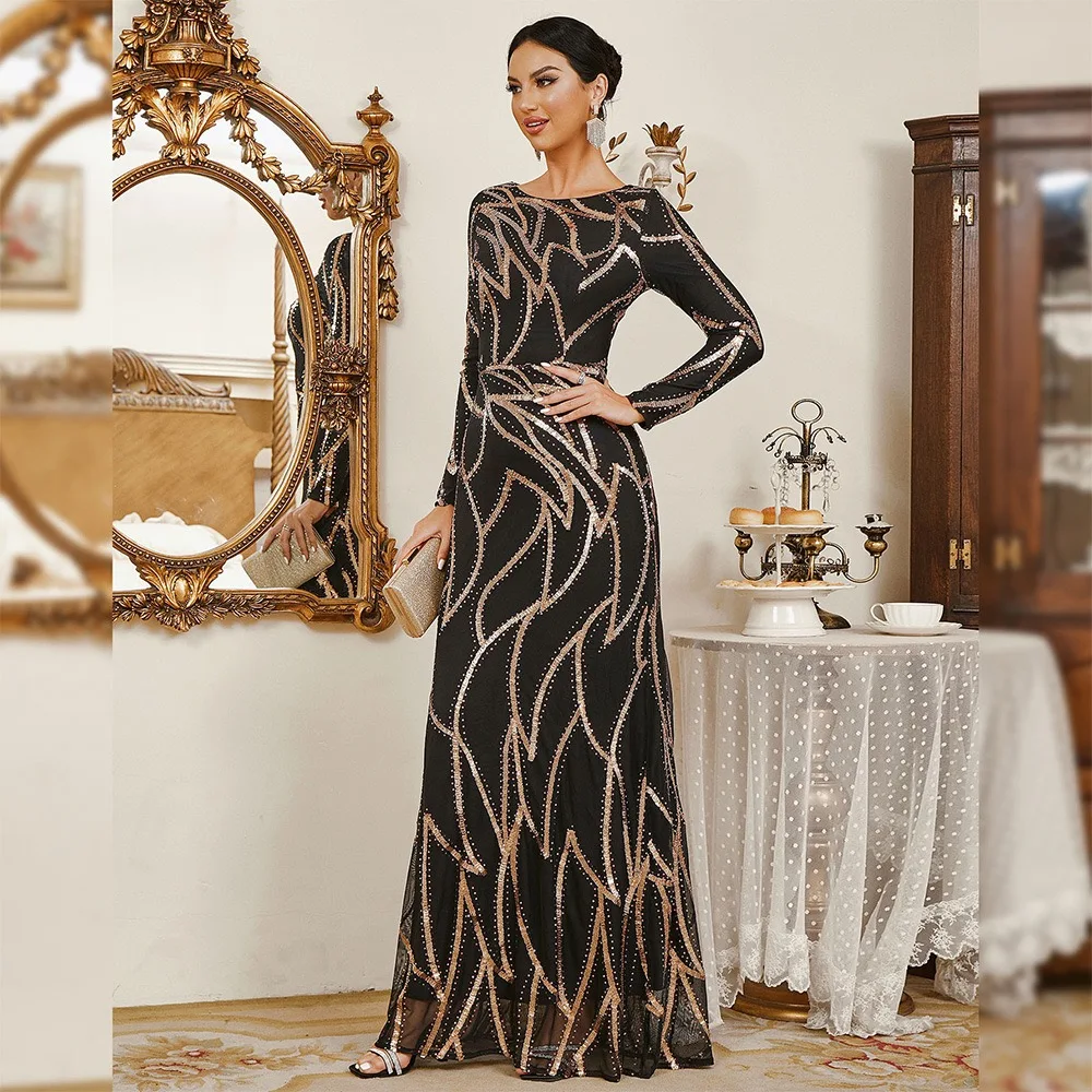 In Stock Wrap Skirt US and Europe Luxury Slim Fit Long Dress Fishtail Design Contrast Colors Sequined Modest Evening Dress