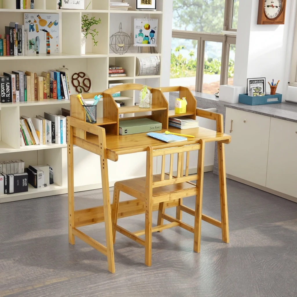 Children Desk Study Table and Chair Set Bamboo Height Adjustable Kids Desk and Chair Set