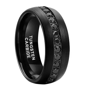 Coolstyle Jewelry 8mm Domed Brushed CZ Stone Inlay Black Tungsten Ring for Men Women Eternity Fashion Engagement Wedding Band