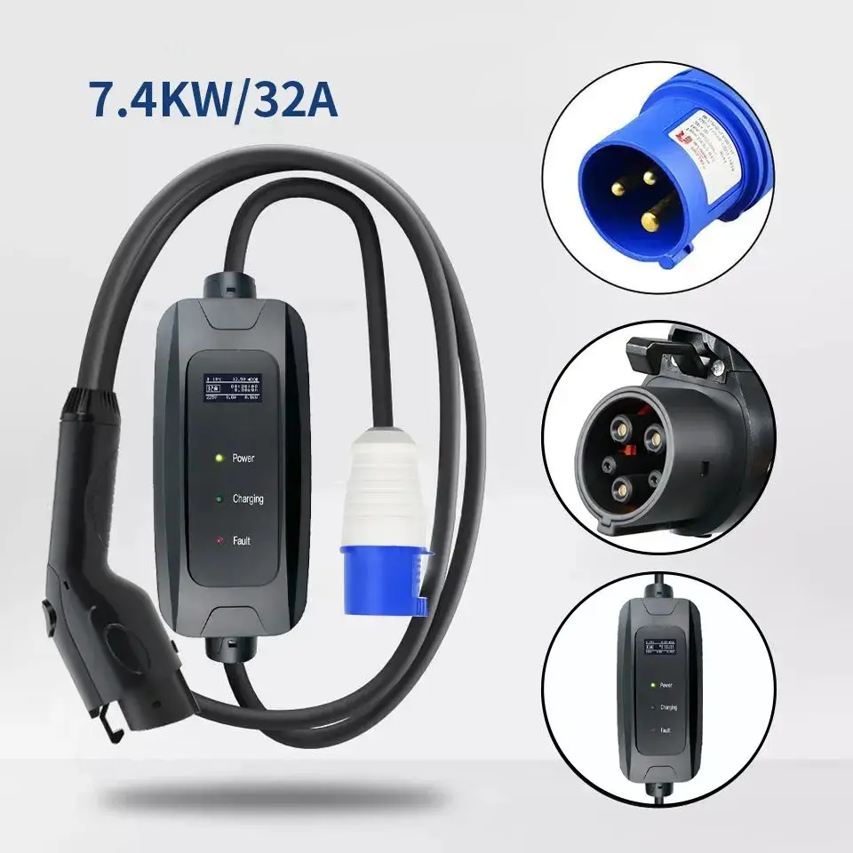 可调移动3相8a 10a 13a 16a dc 1型3级7kw 22kw便携式电动汽车充电器