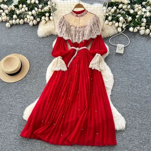 Women's Casual Summer Midi Dress Roman Pleated Empire Ruffled Mesh Lantern Sleeve Draped Decoration Woven Woven Sustainable