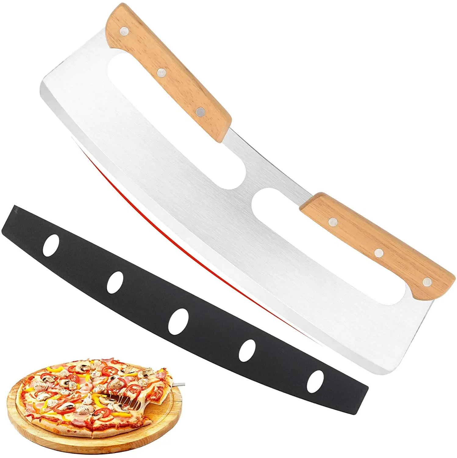 Cuchilla cortadora de pizza mecedora M&W Cortadora tradicional de acero inoxidable de uso múltiple Cuchillo de balancín afilado y resistente con cubierta protectora 