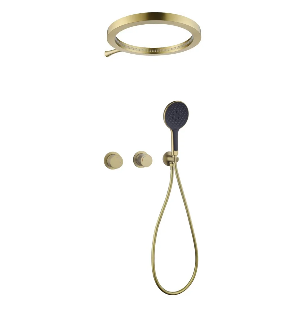 2025 Luxury Brass Round Waterfall Shower Set Bathroom Concealed Rainfall Hot and Cold Brushed Gold Shower System Sets