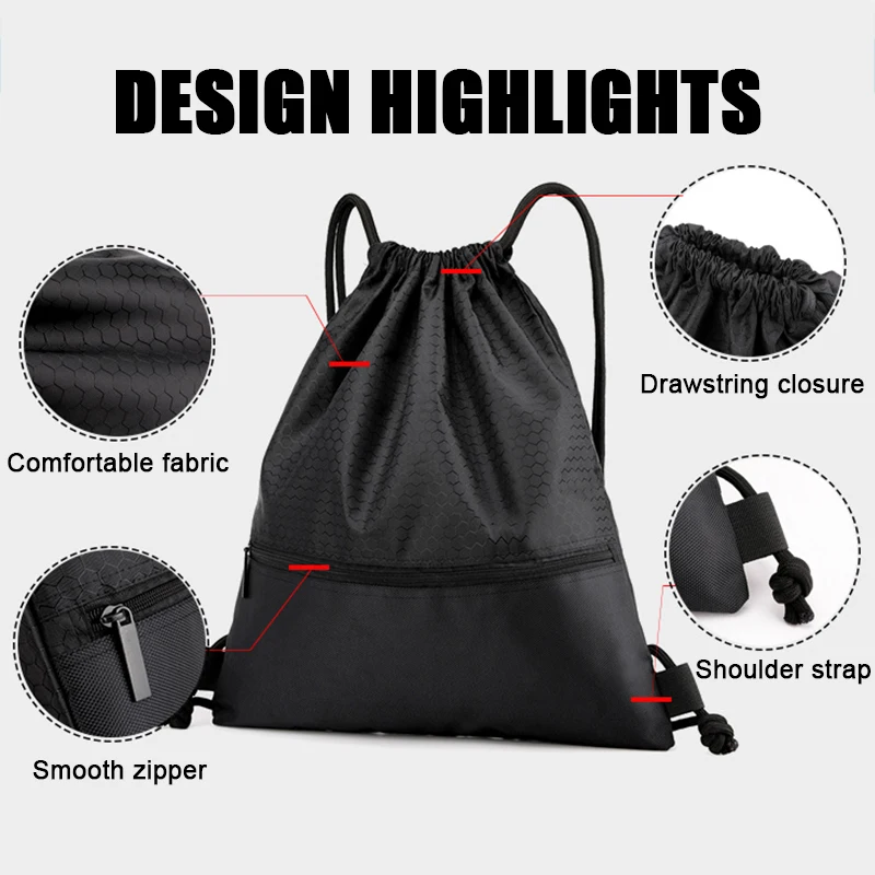 Custom Logo Large Capacity Waterproof Gym Black Blank 420D Polyester Sport Drawstring Backpack Bag with Pocket