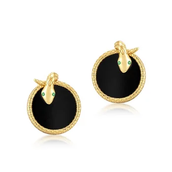 Newest silver women jewelry earrings real gold plated statement animal disc black agate snake stud earrings wholesale