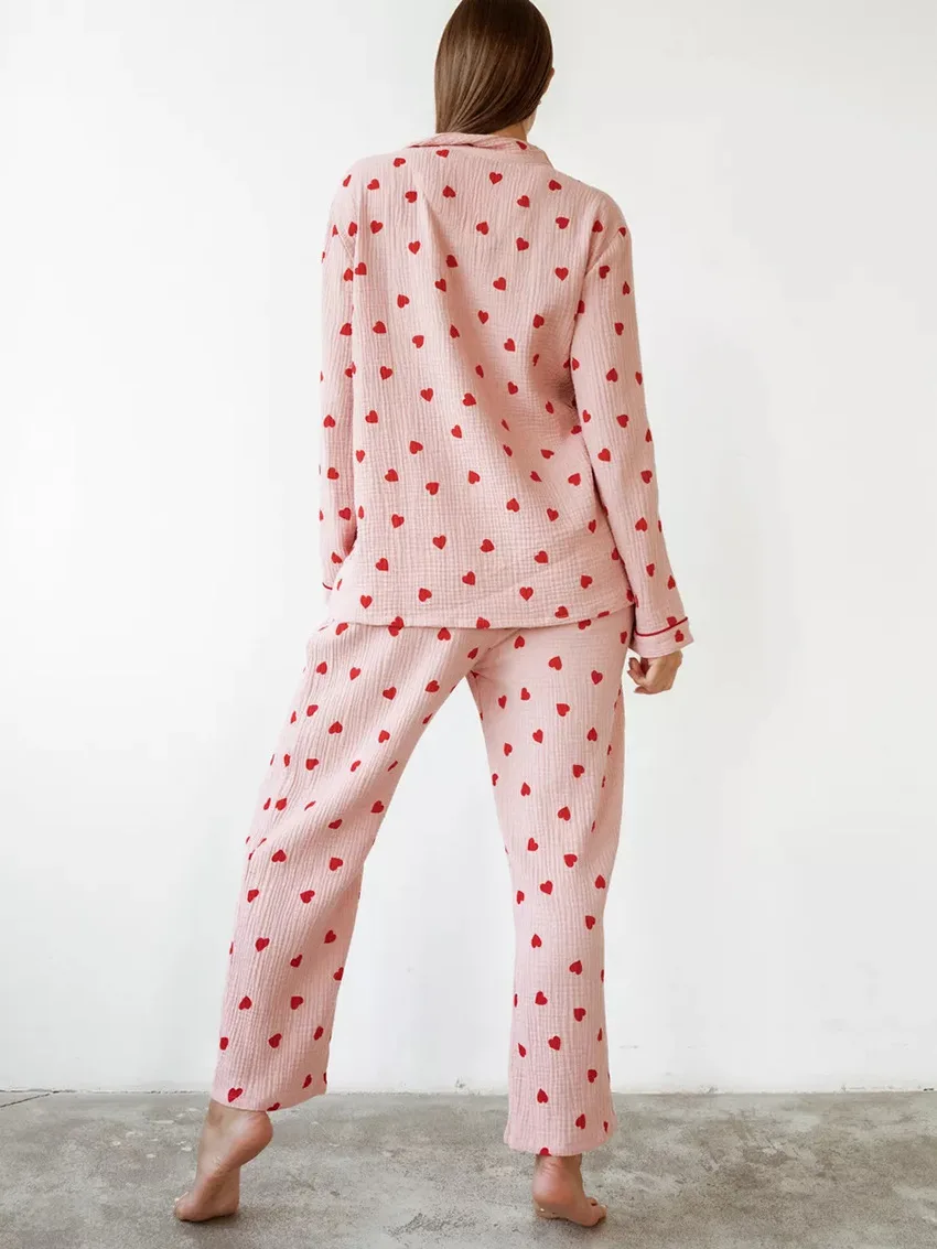 Women's Cotton Pajama Set Heart Print Breathable Long Sleeve Shirt Full Length Pants Turn-Down Collar Spring Sleepwear — detail