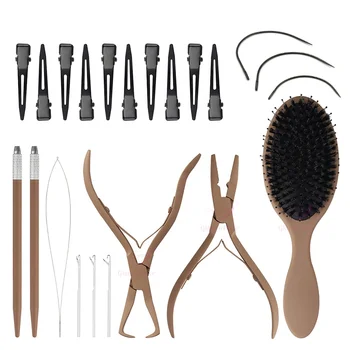 Brown Color Hair Extension Tools Kit with Pliers Clips Needles Brush Hair Loop & Crochet Hook Needles Set