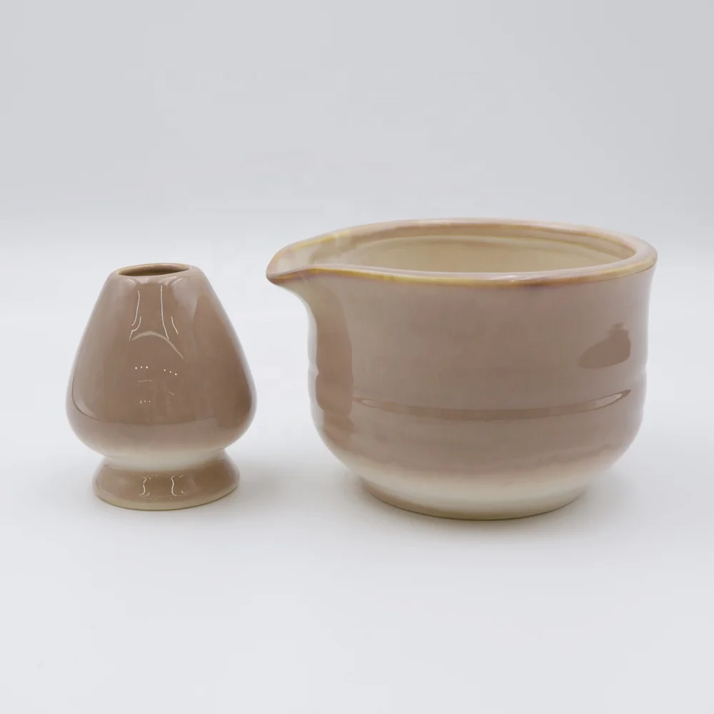 Custom Matcha Tool Kit Stirrer Whisk Whip Holder and Bowl with Spout Light Brown Flambed Kiln Glazed Milk Tea Ceramic Matcha Set