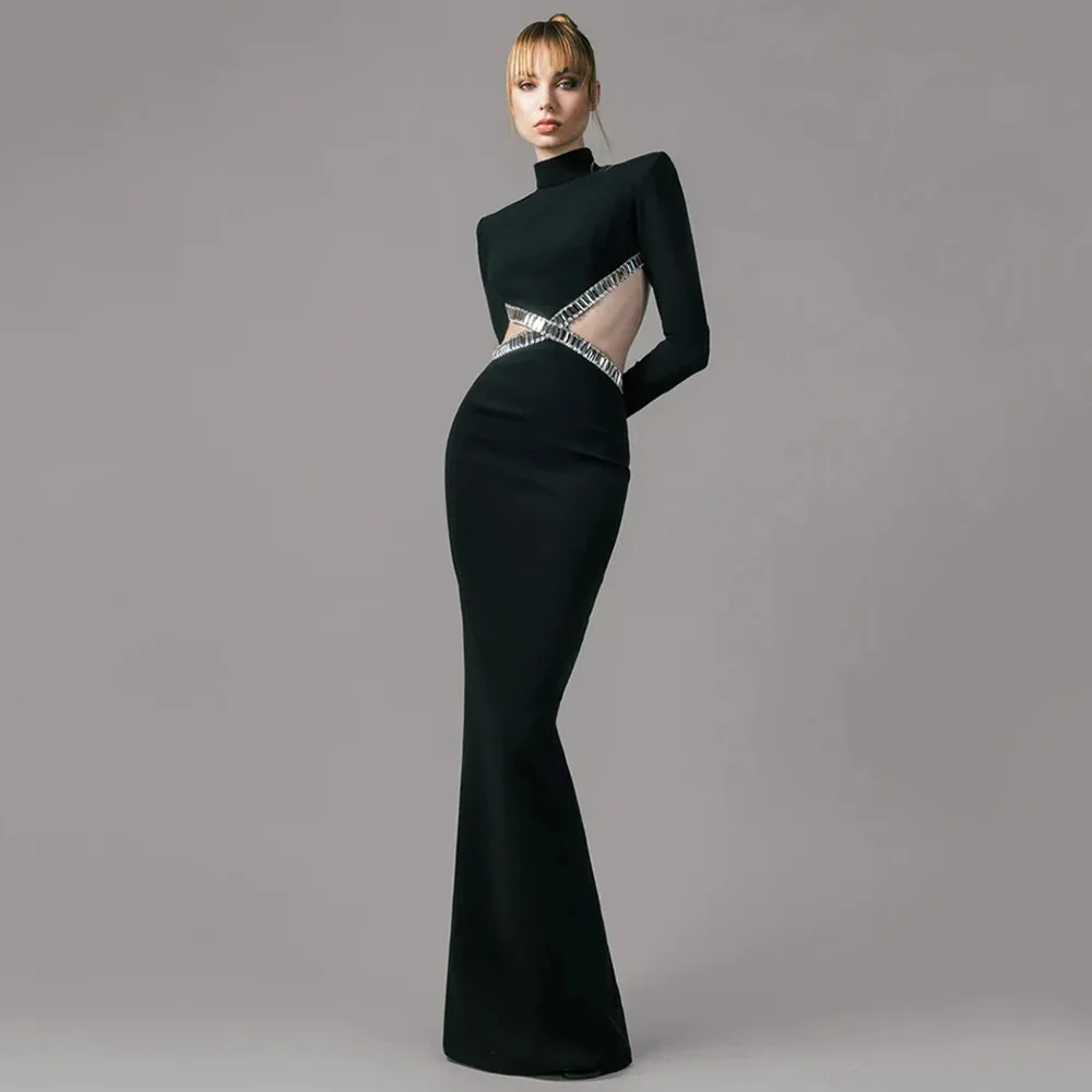 Dropshipping new fashion crytal beading black long sleeve bandage gown dress for women