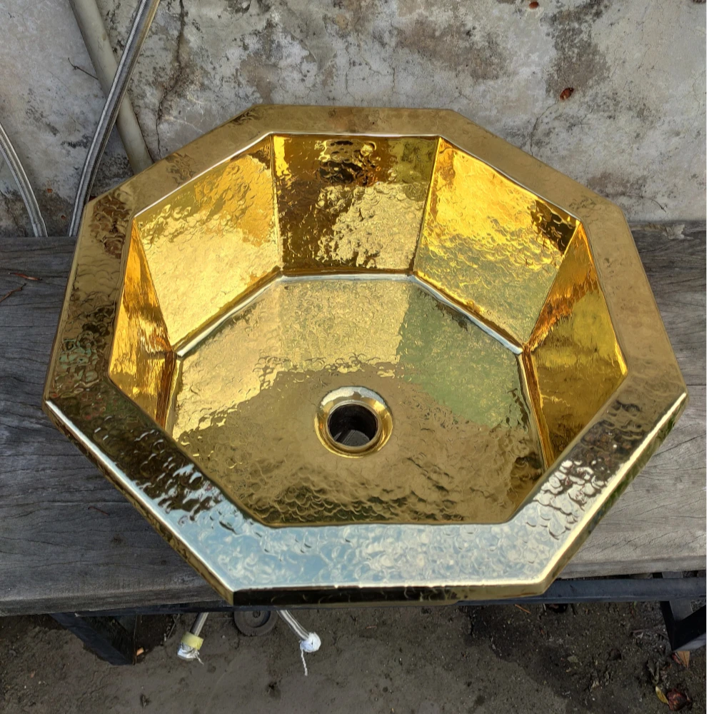 Handmade Octagon Shaped Hand Hammered Gold Color Brass Bathroom Sink