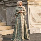 Dubai Islamic High Quality Bow Collar Long Sleeves Floral Print Satin Maxi Long Abaya Prayer Dress For Muslim Women