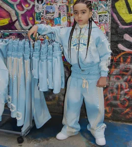 Wholesale Vintage Washed Sewatpants and Hoodie Tracksuit Set Kids Custom Distressed Embroidery Two Piece Sets Sweatsuits Set