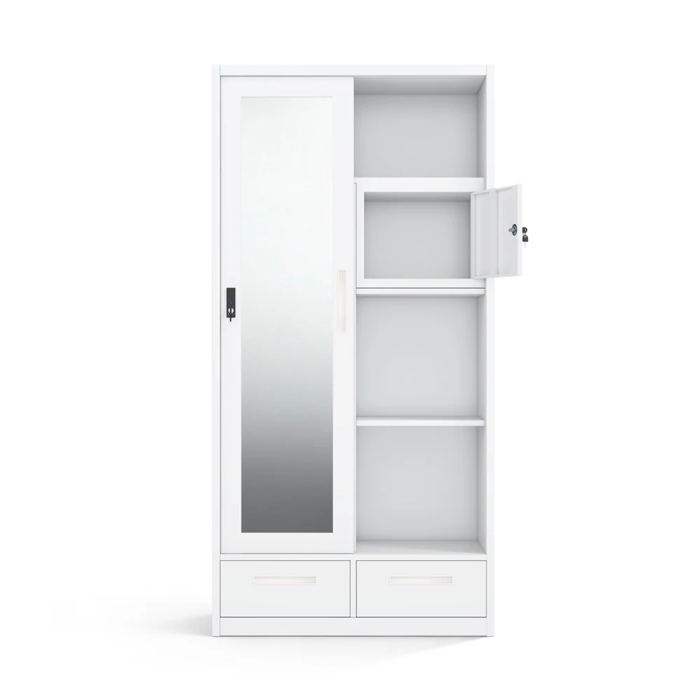 Steel Printed Wardrobe with Sliding Doors Mirror and Dual Drawers 900mm Knock Down Flat Pack