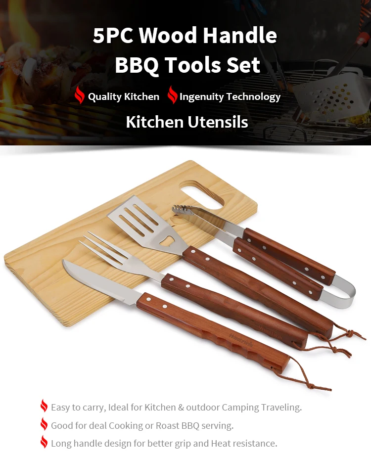 Classic Style 5pcs Wooden Handle Bbq Tool Set Grill Utensils Set Grill