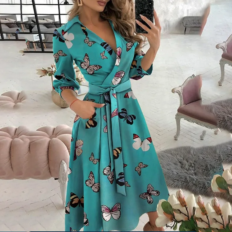 Spring Summer Lady Shirt Dress V-Neck Long Sleeve Sashes Midi Dress New  Women Loose Elegant Dresses