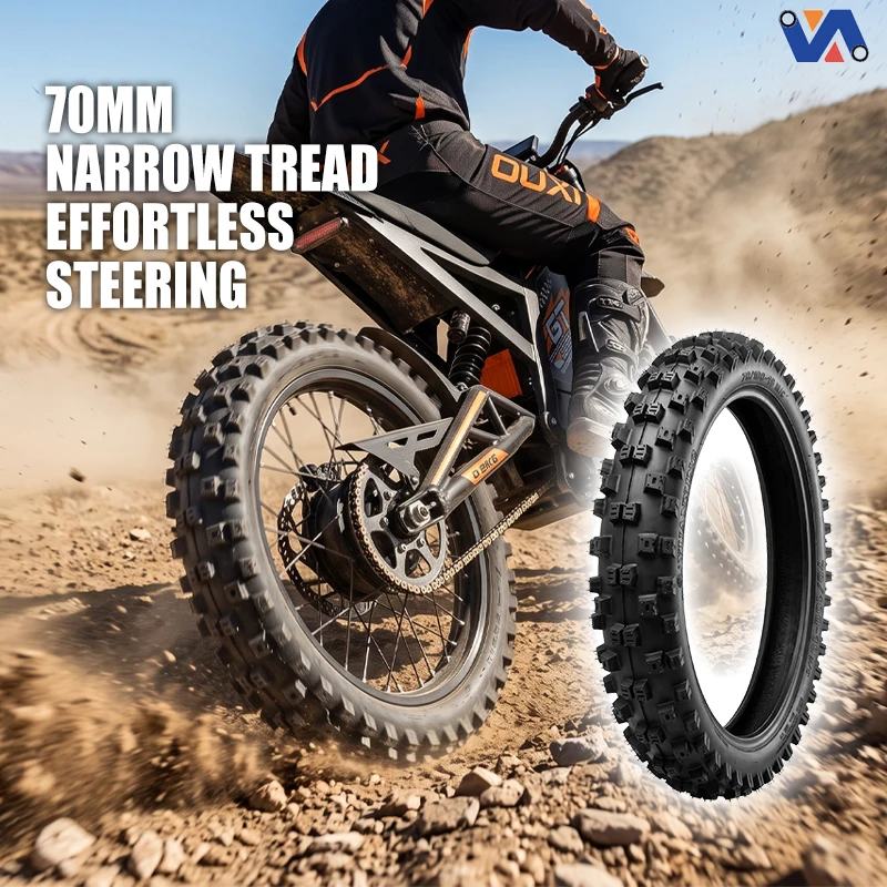 70/100-19 dirt bike tire shown in an off-road riding setting with the narrow tread profile