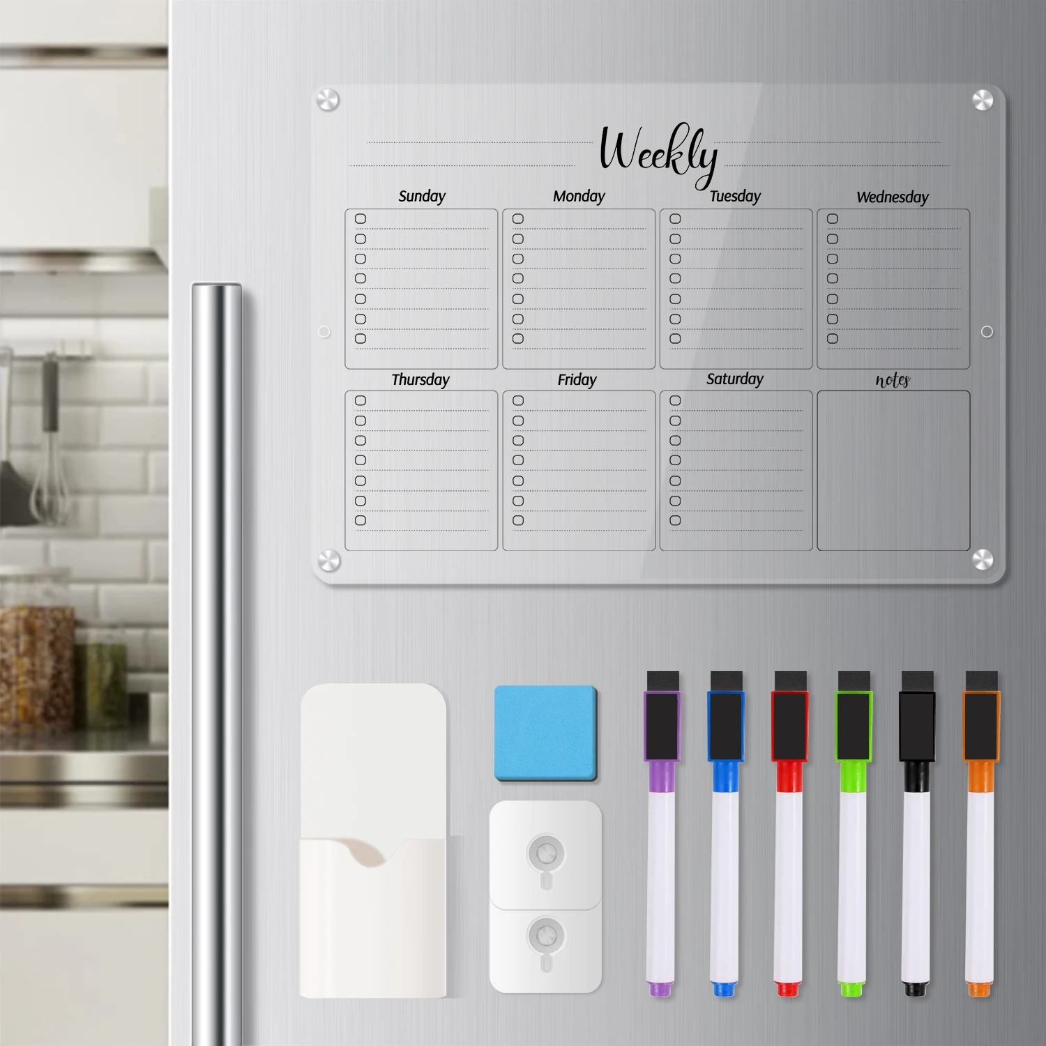 2 Set Acrylic Magnetic Dry Erase Fridge Calendar for Clear Weekly Planner Board Reusable With Markers Holder Eraser