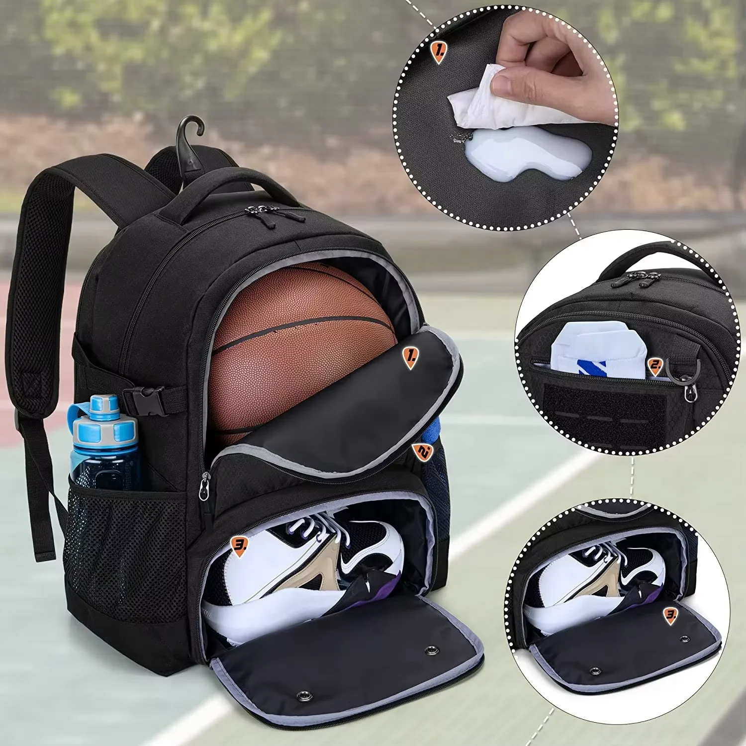 Waterproof High Quality Custom Sports Basketball Backpack with Zipper Closure Polyester Anti-Theft USB Ball Storage Compartment