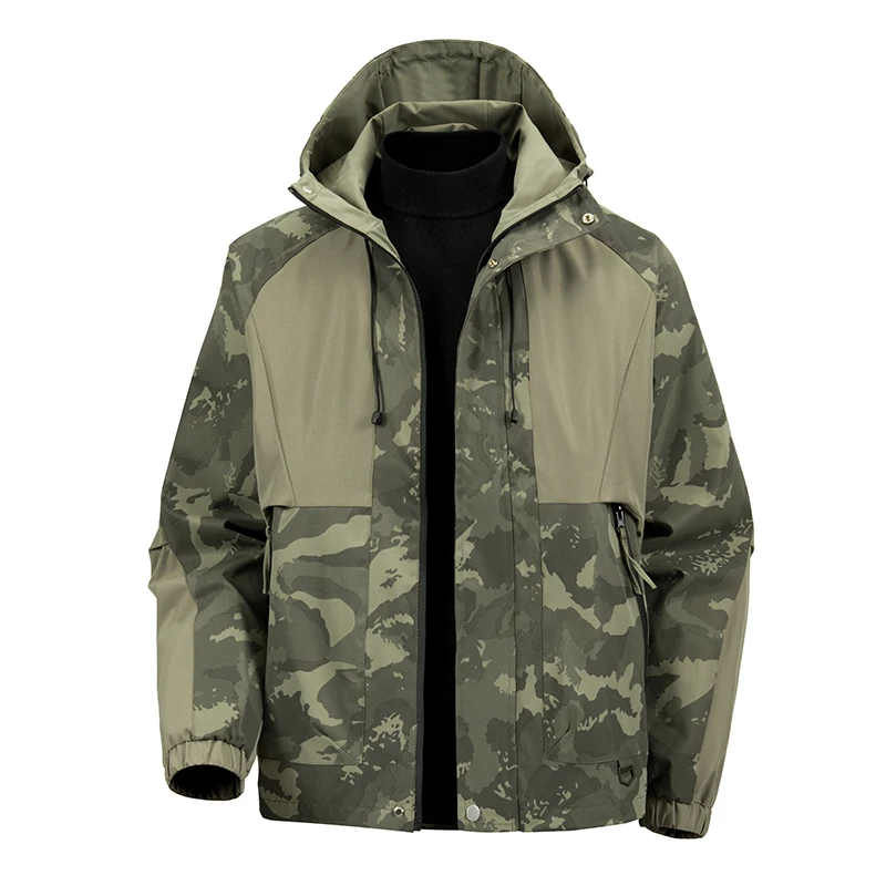 Camouflage hooded softshell jacket with color-blocked raglan sleeves, waterproof and windproof outdoor hiking jacket