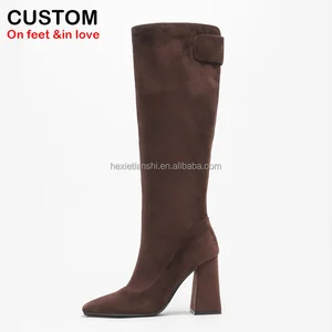 1229-7 Custom LOGO Fall Winter Collection Suede Square Toe Women Boots Luxury Shoes Women 9.5 CM Thick Heele Knee-High Boot