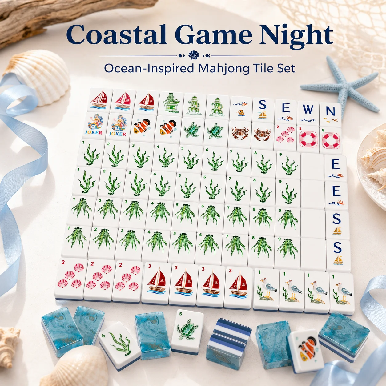 Luxury Nautical Ocean Themed Printed American Mahjong Set Custom Sea Life Graphic Foldable Indoor Leisure Party Table Game Kit