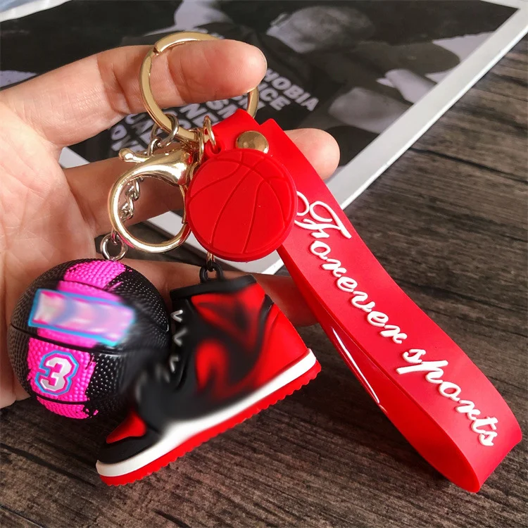 Popular Custom Designer logo Mini 3d Rubber Basketball Shoe Keychain with Ball