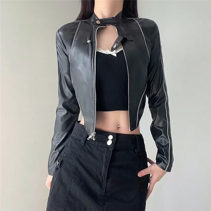 Fashion Sexy Leather Jacket With Vertical Collar And Irregular Hem ...