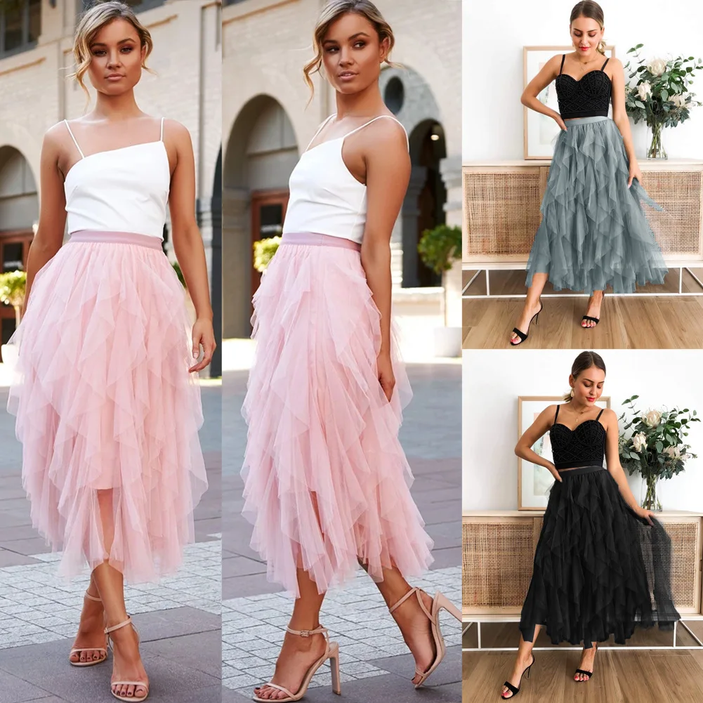 Women Clothing Cupcake Pleated Magic Wrap Long Tutu Skirt New Women Irregular Layering High Waist Ball Gown Skirt