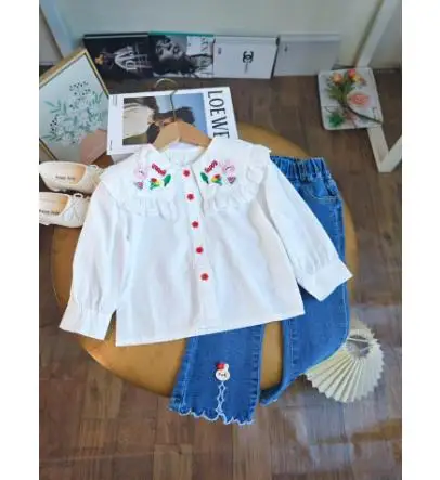 2024 Spring and Fall Girls Clothing Set Girl Treasure Cute Lapel Shirt and Jeans Set Teenager Clothing Sets Hanyun